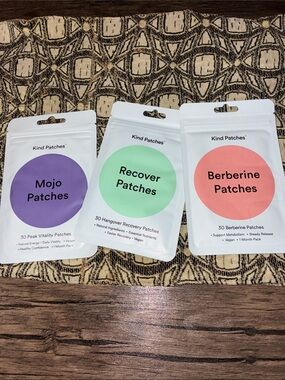 Kind Patches Trio — Mojo (Purple), Recover (Green), Berberine (Coral)